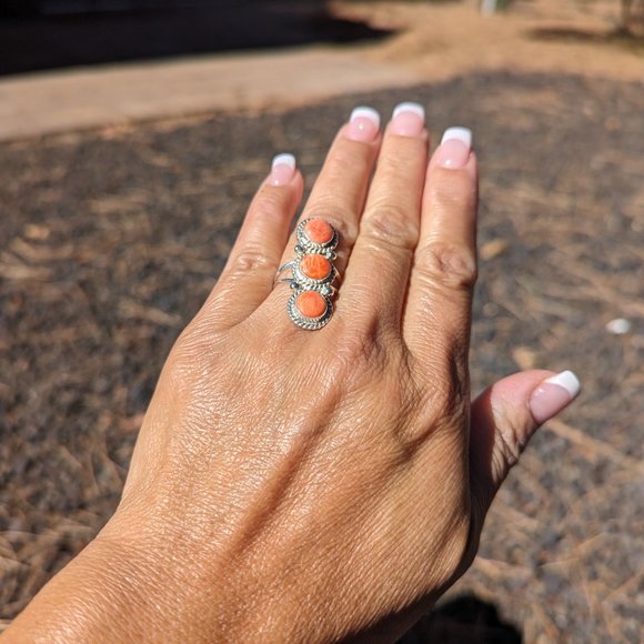Navajo Sterling Silver Ring Orange Spiny Handcrafted Authentic Jewelry sz 7.25** - Picture 6 of 8